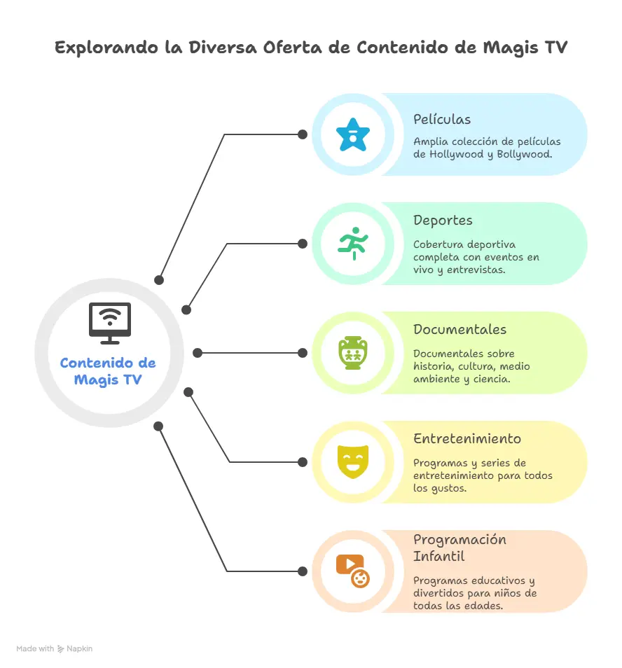 HOGAR 5 Infografía de Magis TV APK que muestra sus funciones principales, incluyendo películas y series HD, canales en vivo, sin anuncios y compatibilidad con móvil y PC.